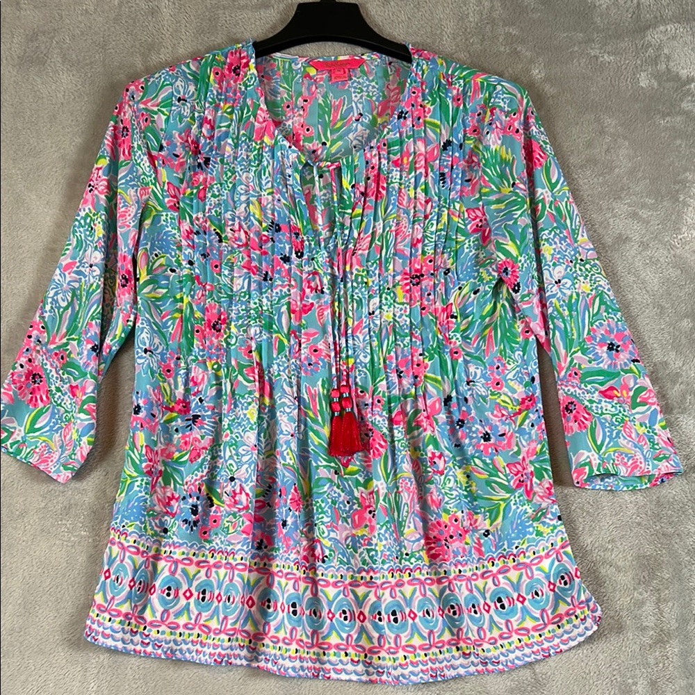 Lilly Pulitzer Marilina Tassle tie Tunic Top In Amalfi Blue sz M